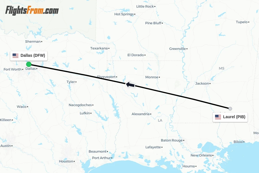 Flights from Laurel to Dallas route map