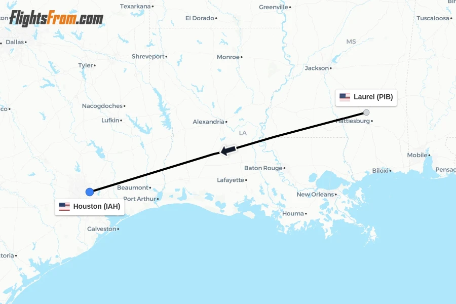 Flights from Laurel to Houston route map