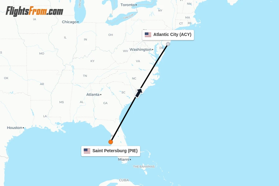 Flights from Saint Petersburg to Atlantic City route map