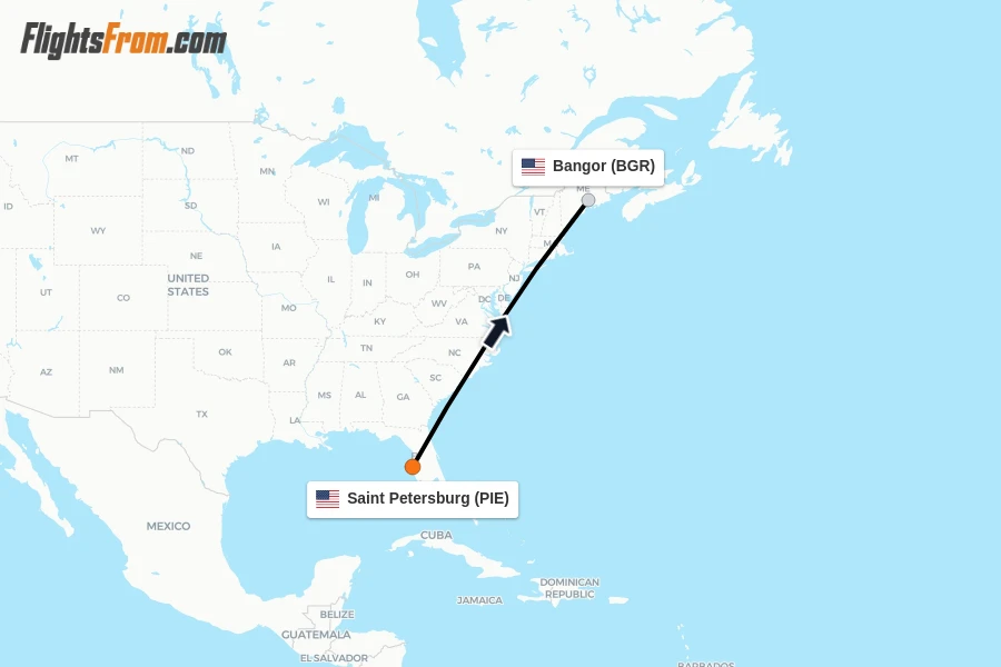 Flights from Saint Petersburg to Bangor route map