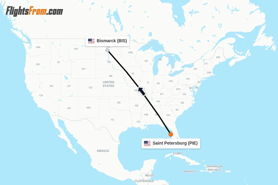 Flights from Saint Petersburg to Bismarck route map