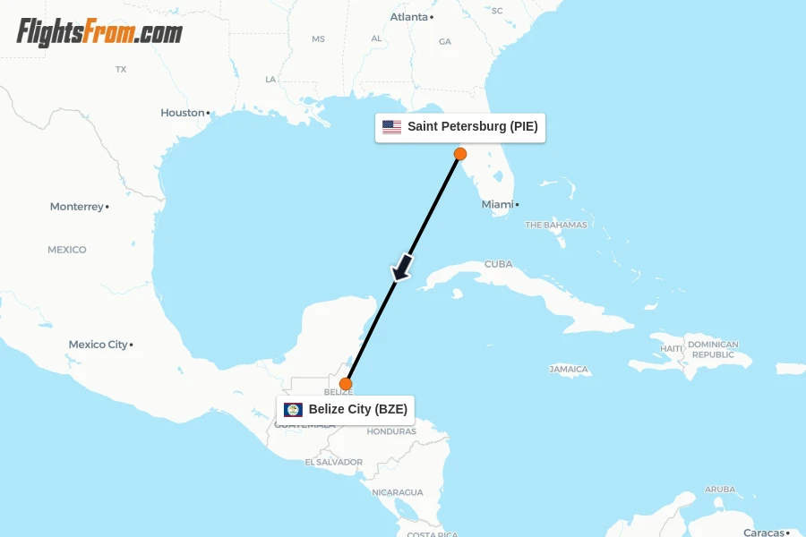 Flights from Saint Petersburg to Belize City route map