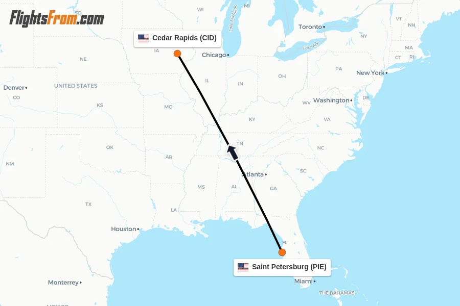 Flights from Saint Petersburg to Cedar Rapids route map