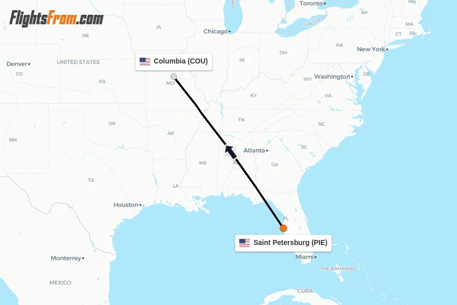 Flights from Saint Petersburg to Columbia route map