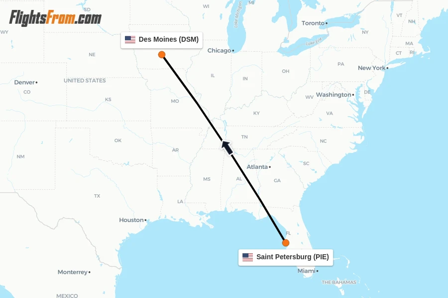 Flights from Saint Petersburg to Des Moines route map