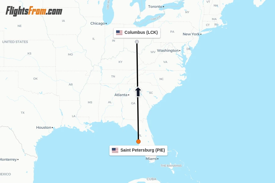 Flights from Saint Petersburg to Columbus route map