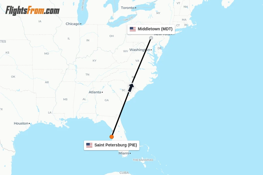 Flights from Saint Petersburg to Middletown route map