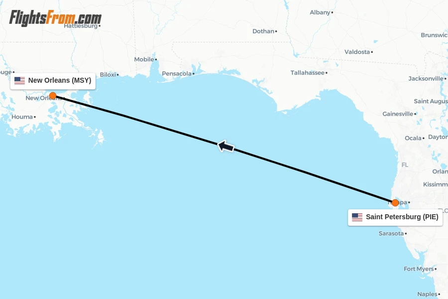Flights from Saint Petersburg to New Orleans route map
