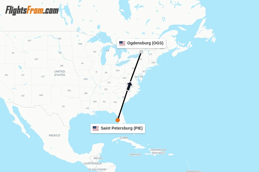 Flights from Saint Petersburg to Ogdensburg route map