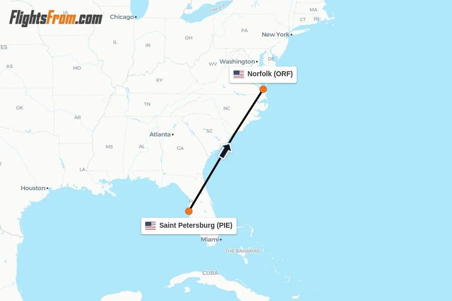Flights from Saint Petersburg to Norfolk route map