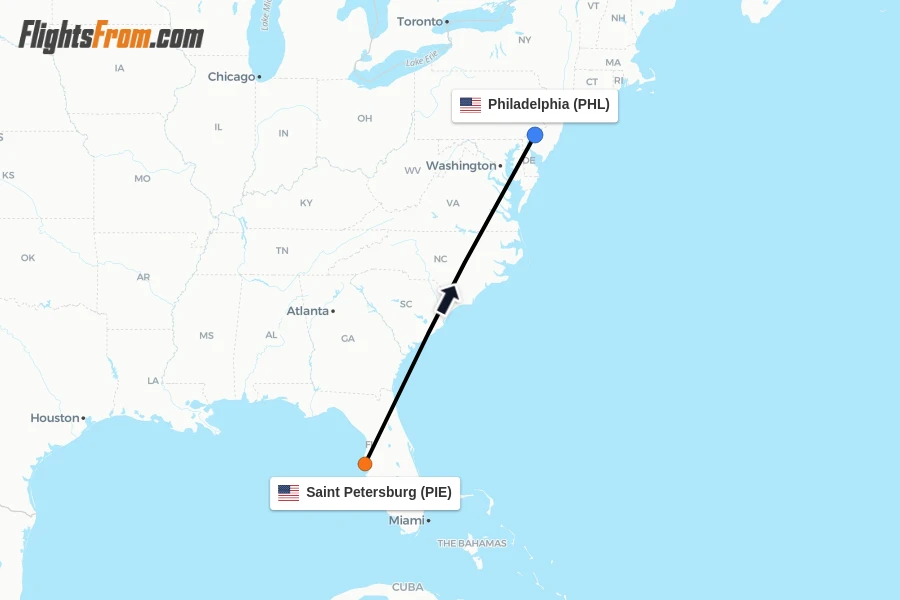 Flights from Saint Petersburg to Philadelphia route map