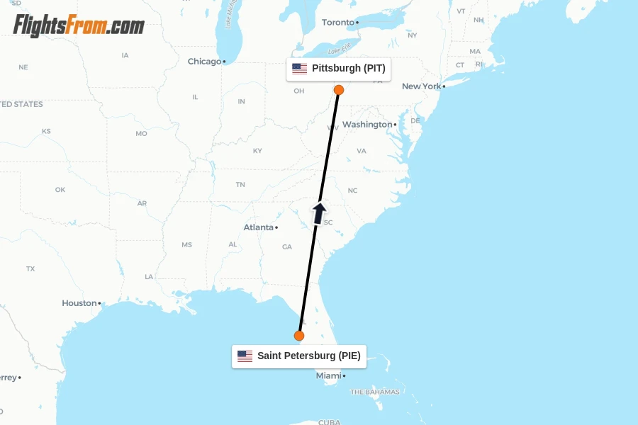 Flights from Saint Petersburg to Pittsburgh route map