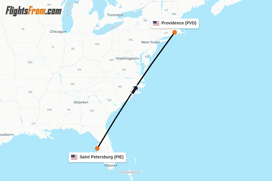 Flights from Saint Petersburg to Providence route map