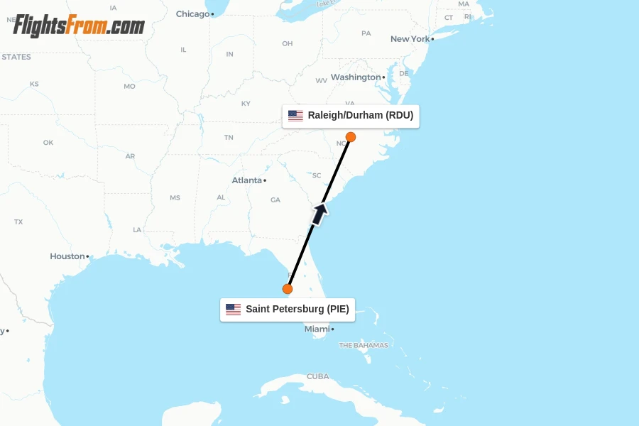 Flights from Saint Petersburg to Raleigh/Durham route map
