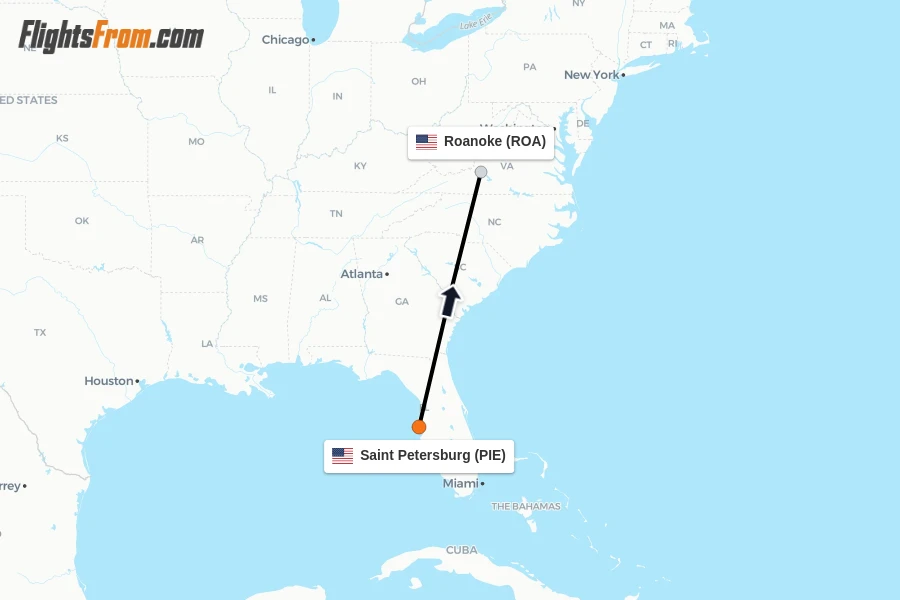 Flights from Saint Petersburg to Roanoke route map