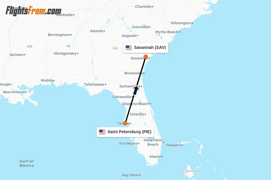 Flights from Saint Petersburg to Savannah route map