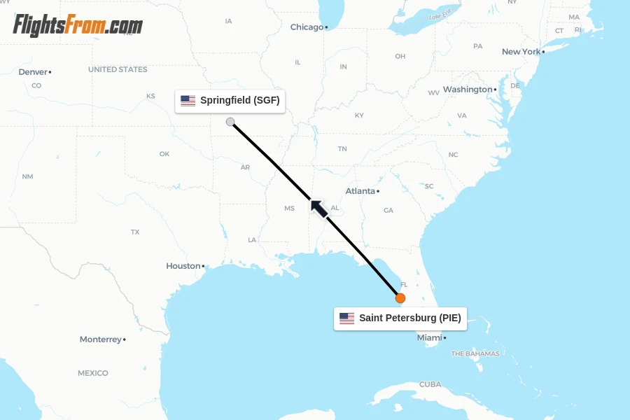 Flights from Saint Petersburg to Springfield route map