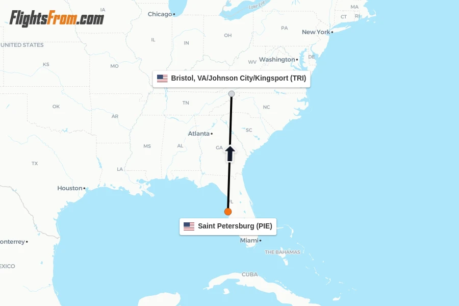 Flights from Saint Petersburg to Bristol, VA/Johnson City/Kingsport route map