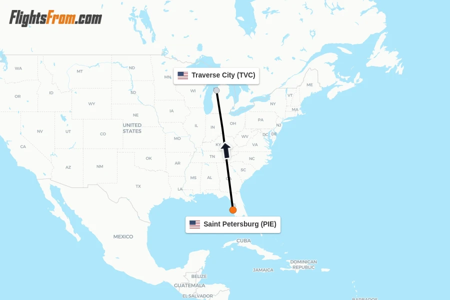 Flights from Saint Petersburg to Traverse City route map