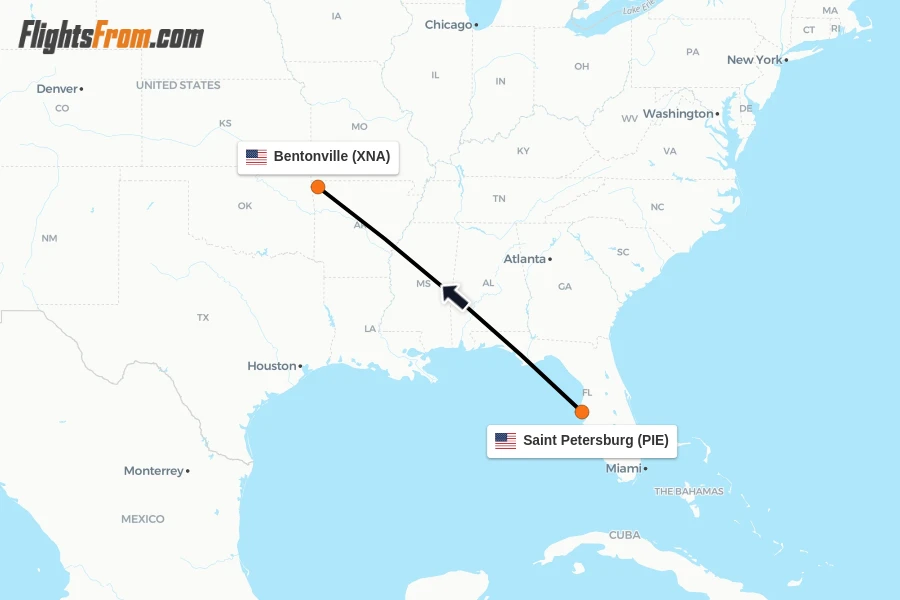 Flights from Saint Petersburg to Bentonville route map