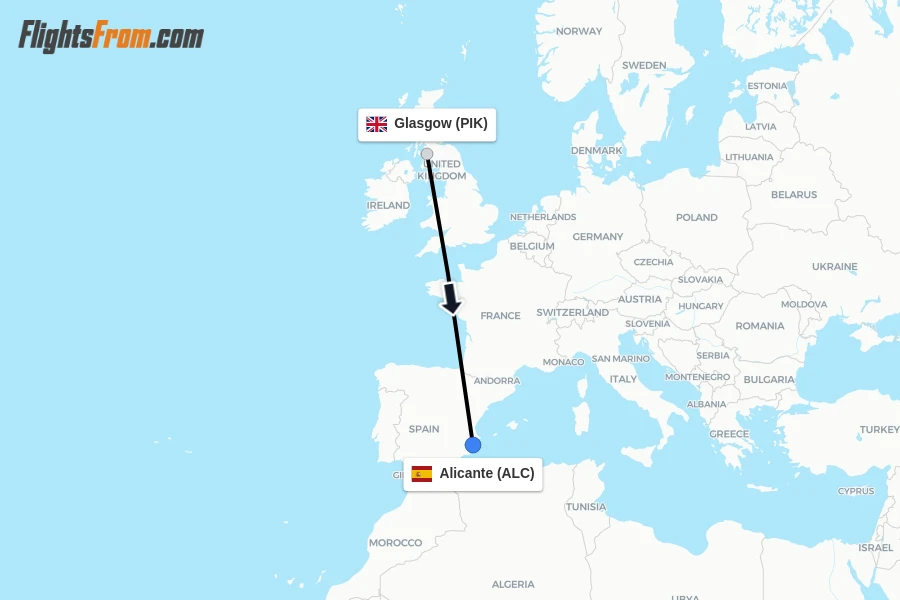 Flights from Glasgow to Alicante route map