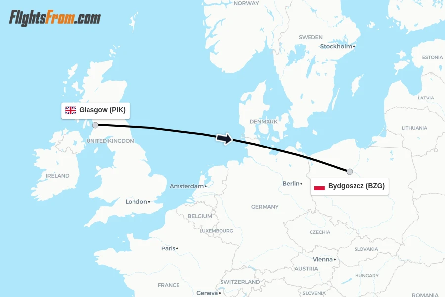 Flights from Glasgow to Bydgoszcz route map