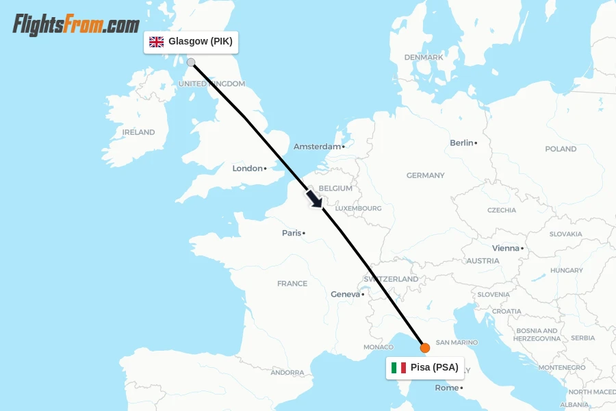 Flights from Glasgow to Pisa route map