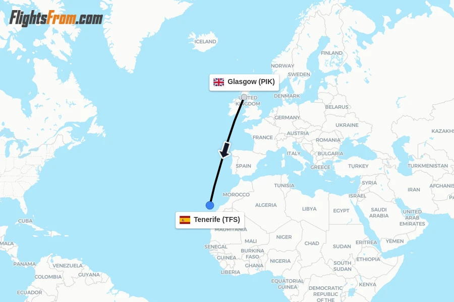 Flights from Glasgow to Tenerife route map