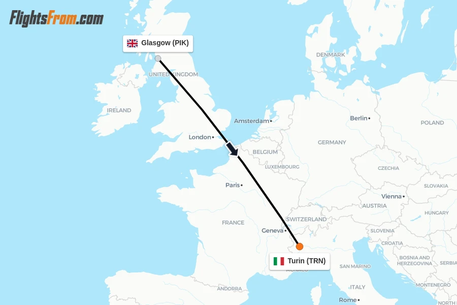 Flights from Glasgow to Turin route map