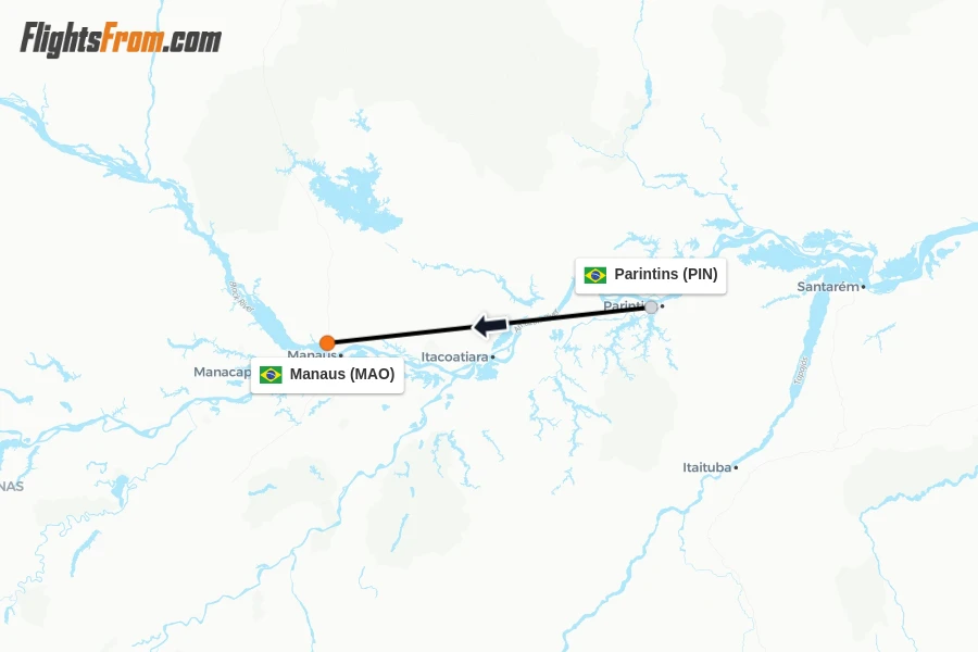 Flights from Parintins to Manaus route map
