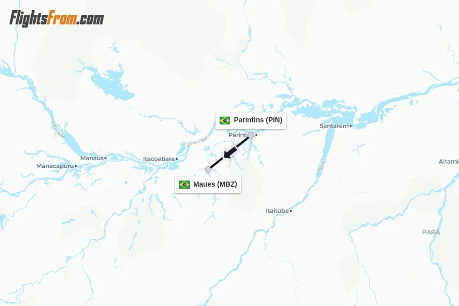 Flights from Parintins to Maues route map