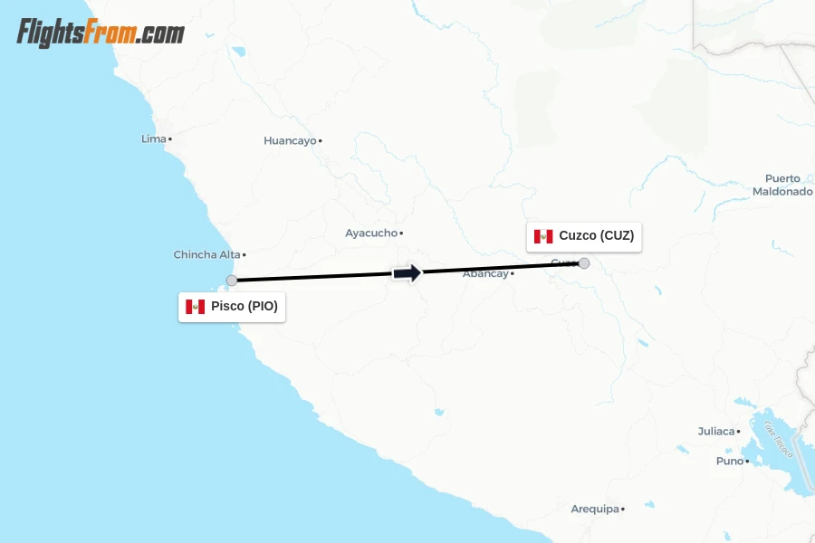 Flights from Pisco to Cuzco route map