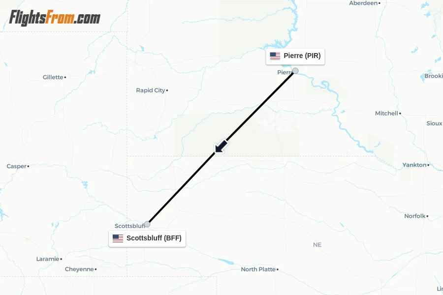 Flights from Pierre to Scottsbluff route map