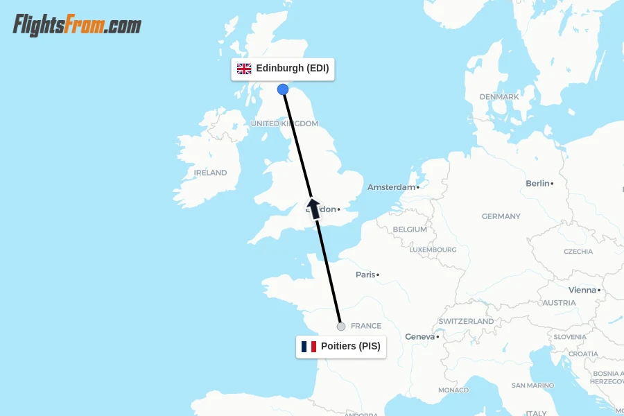 Flights from Poitiers to Edinburgh route map