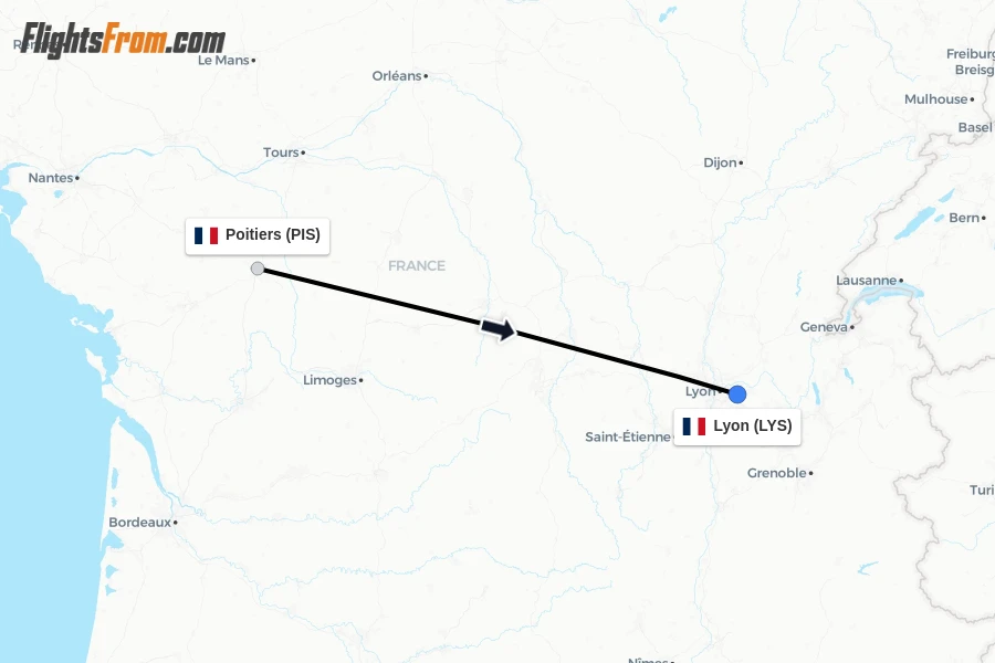 Flights from Poitiers to Lyon route map