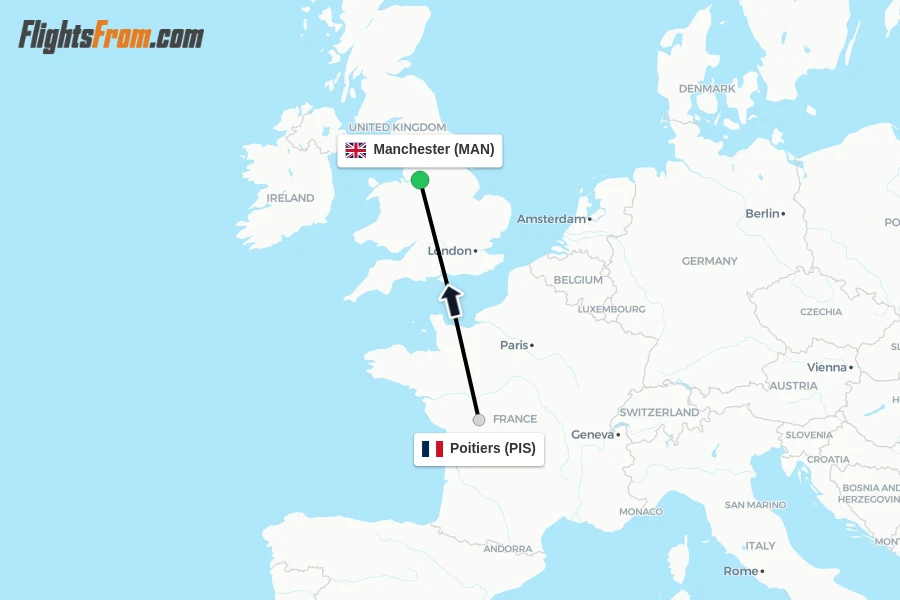 Flights from Poitiers to Manchester route map