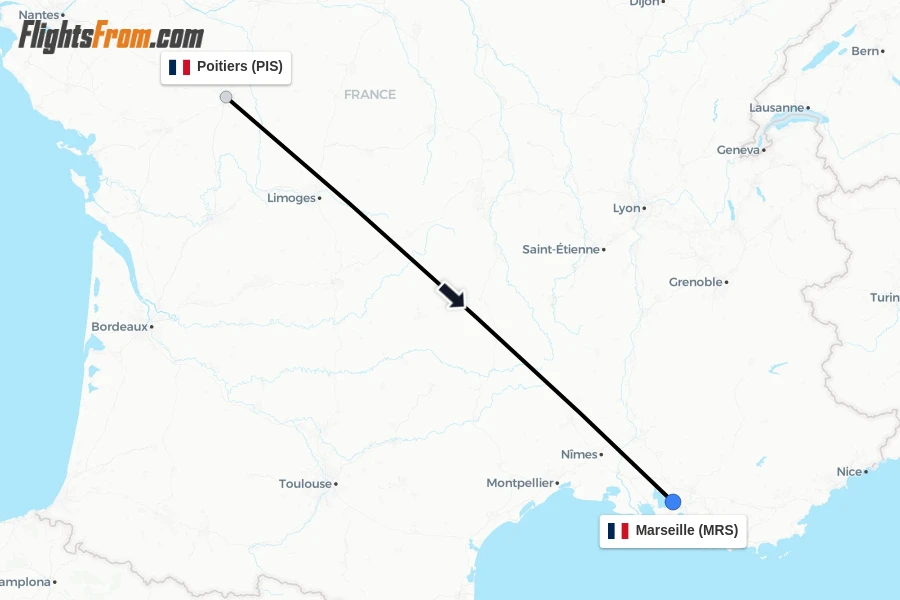 Flights from Poitiers to Marseille route map
