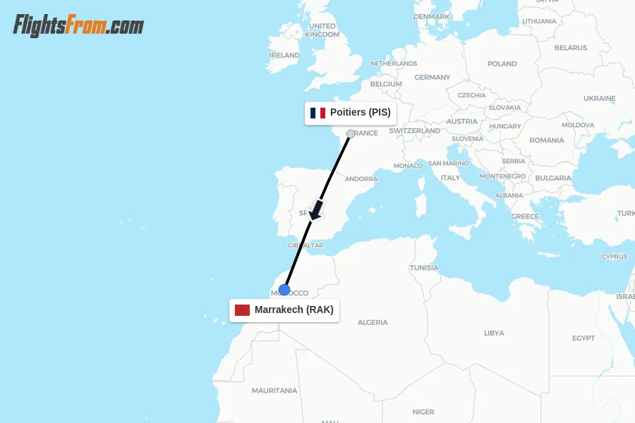 Flights from Poitiers to Marrakech route map