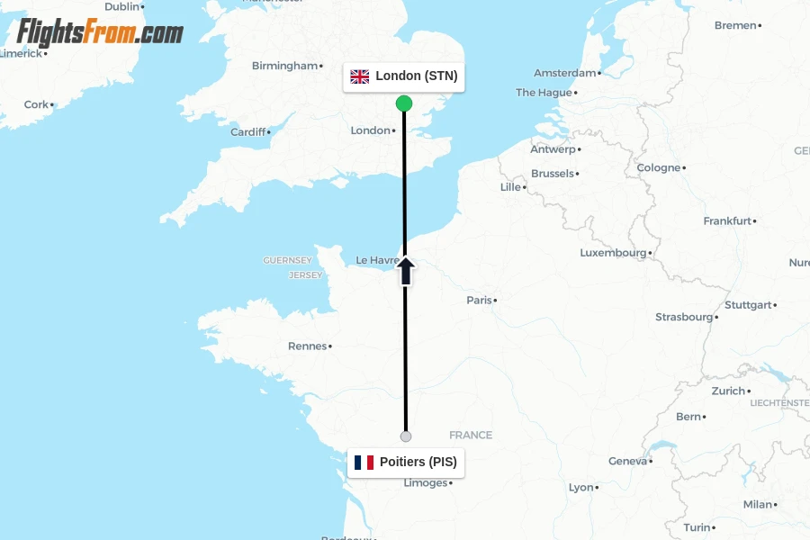 Flights from Poitiers to London route map