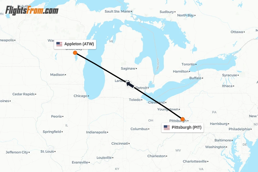 Flights from Pittsburgh to Appleton route map