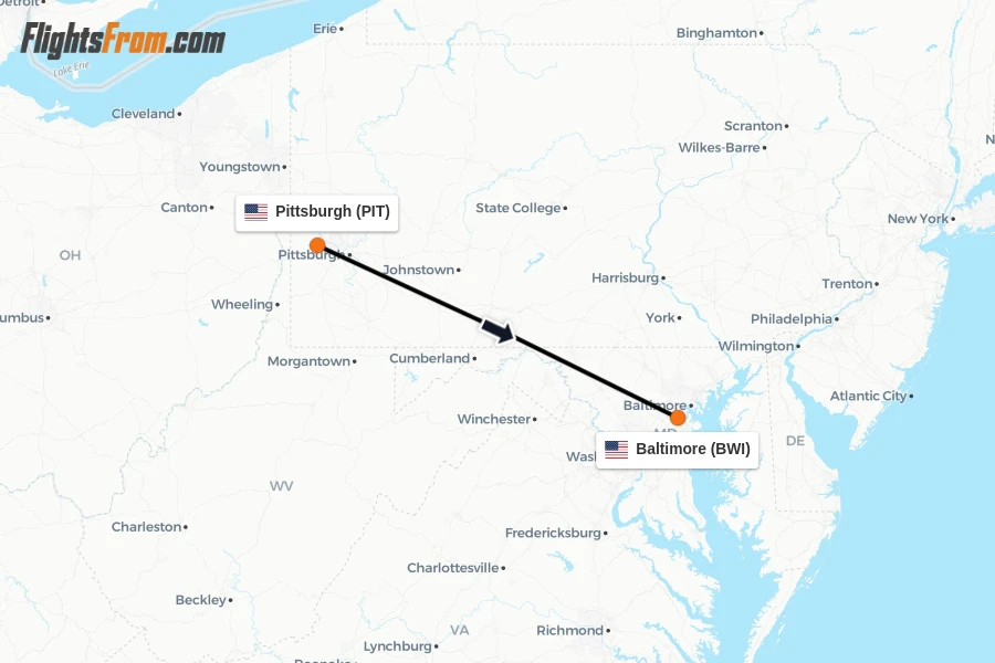 Flights from Pittsburgh to Baltimore route map