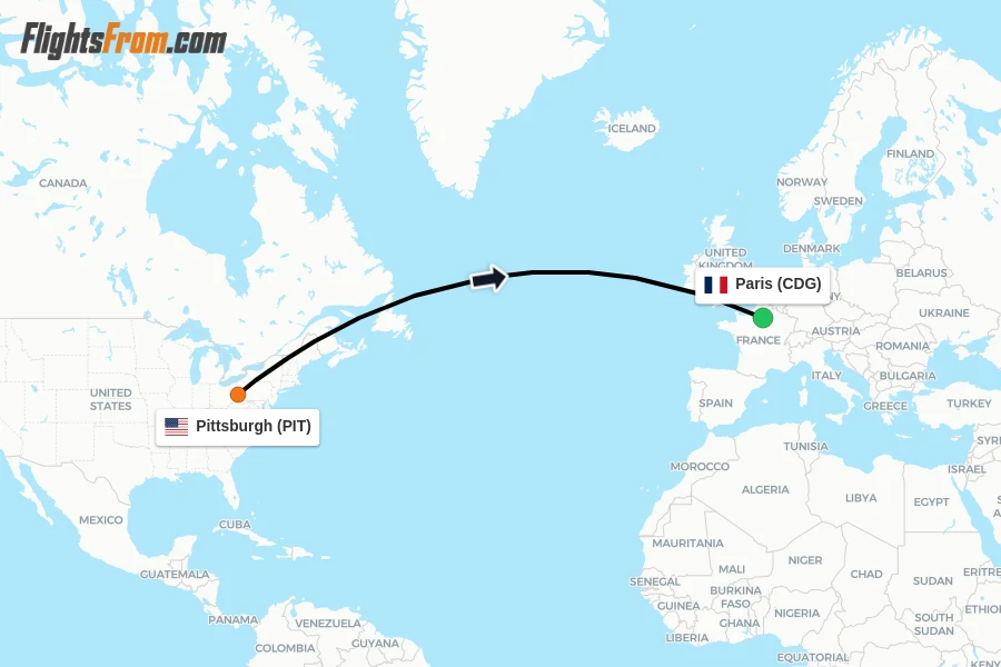 Flights from Pittsburgh to Paris route map
