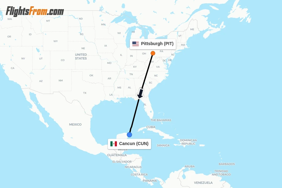 Flights from Pittsburgh to Cancun route map
