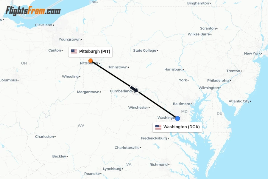 Flights from Pittsburgh to Washington route map