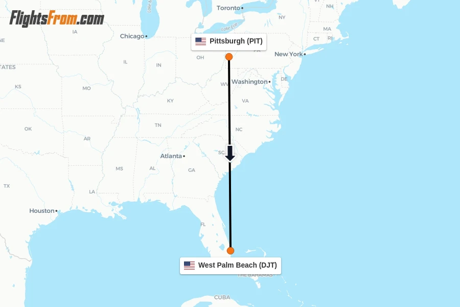 Flights from Pittsburgh to West Palm Beach route map