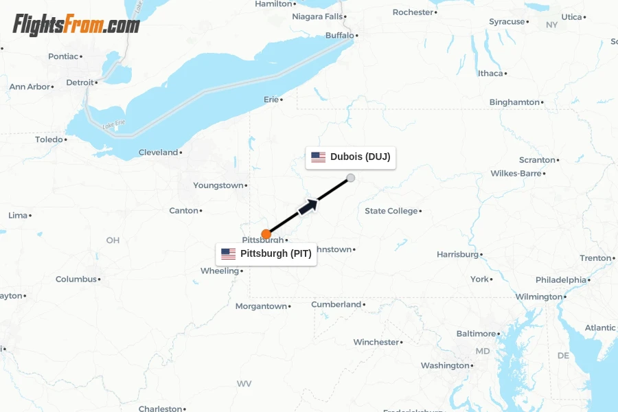 Flights from Pittsburgh to Dubois route map