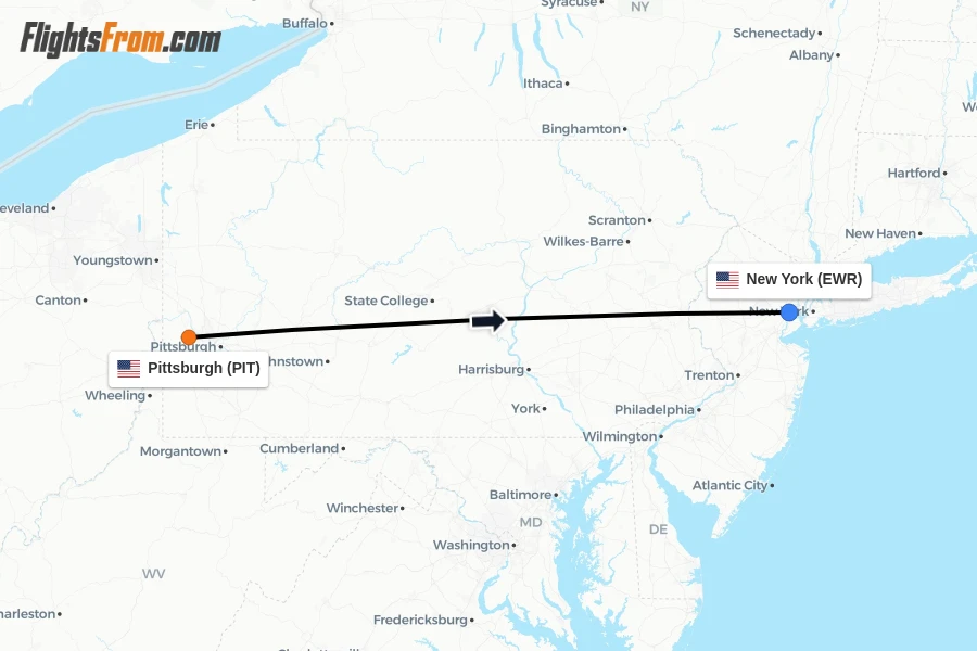 Flights from Pittsburgh to New York route map