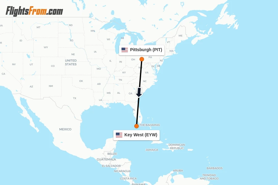 Flights from Pittsburgh to Key West route map