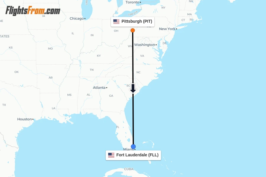 Flights from Pittsburgh to Fort Lauderdale route map