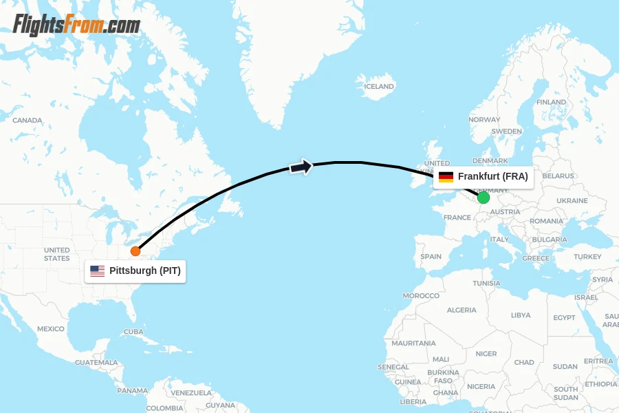 Flights from Pittsburgh to Frankfurt route map